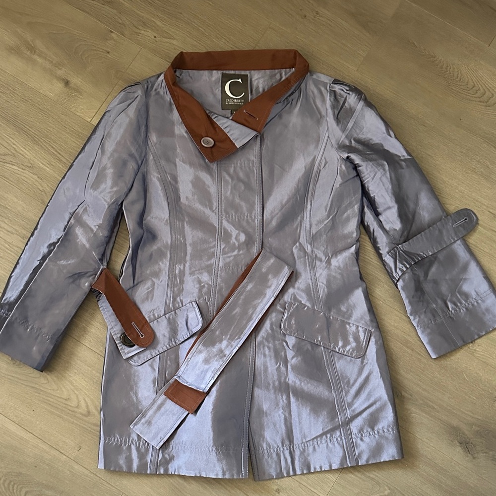 Credibility Women's Metallic Purple Trench Coat with Brown Trim - Size 10